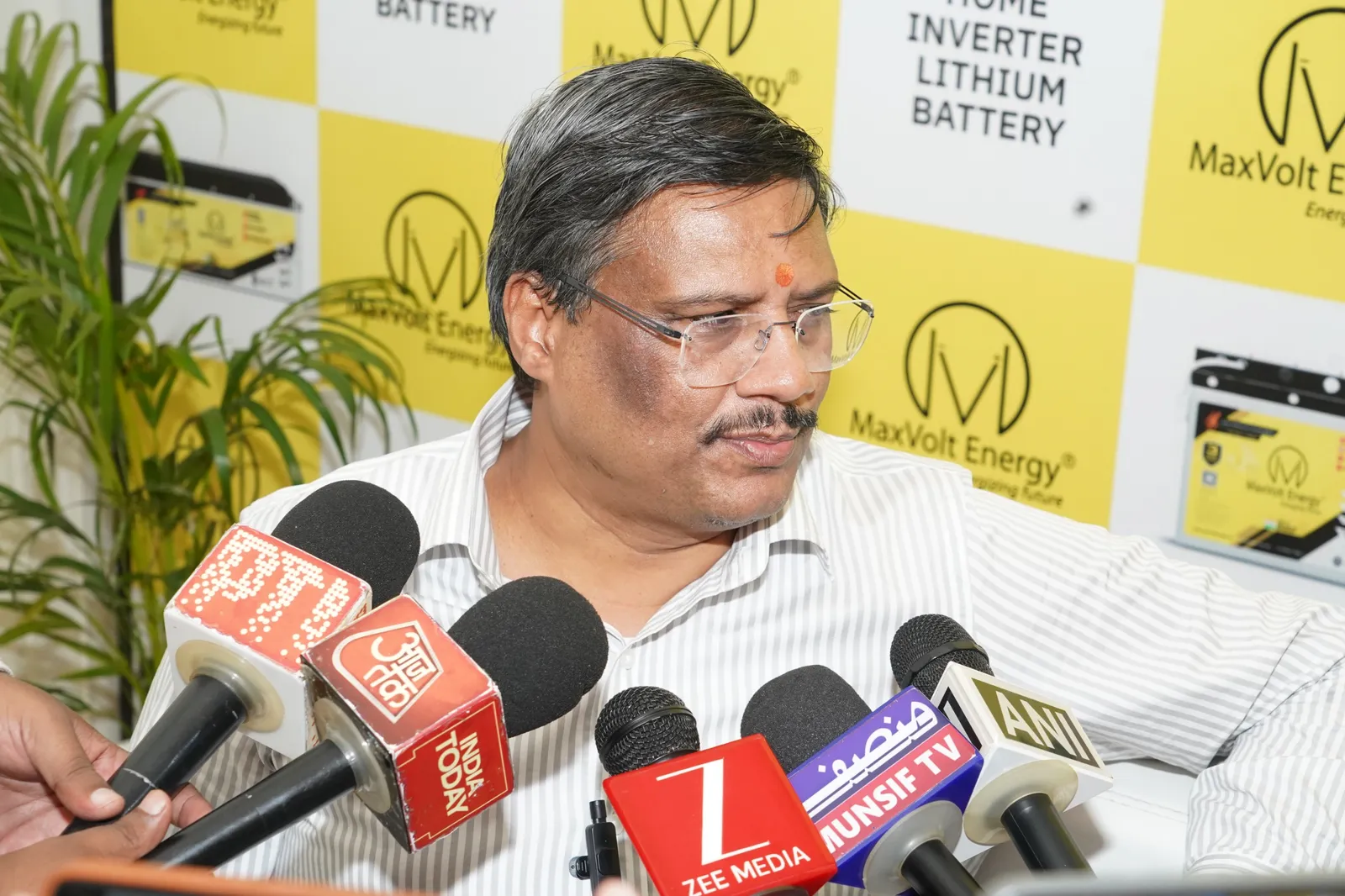 Maxvolt Energy leadership speaking to national media representatives after the Bhoomi Pujan ceremony for the Aligarh battery plant