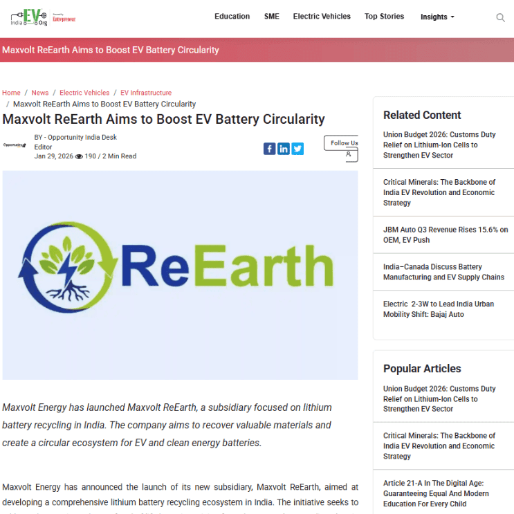 Maxvolt Energy Establishes 'Maxvolt ReEarth' to Create a Closed-Loop Lithium Battery Recycling Ecosystem in India