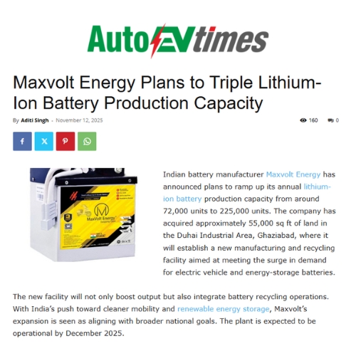 Maxvolt Announces New 55,000 sq ft Manufacturing & Recycling Plant in Ghaziabad