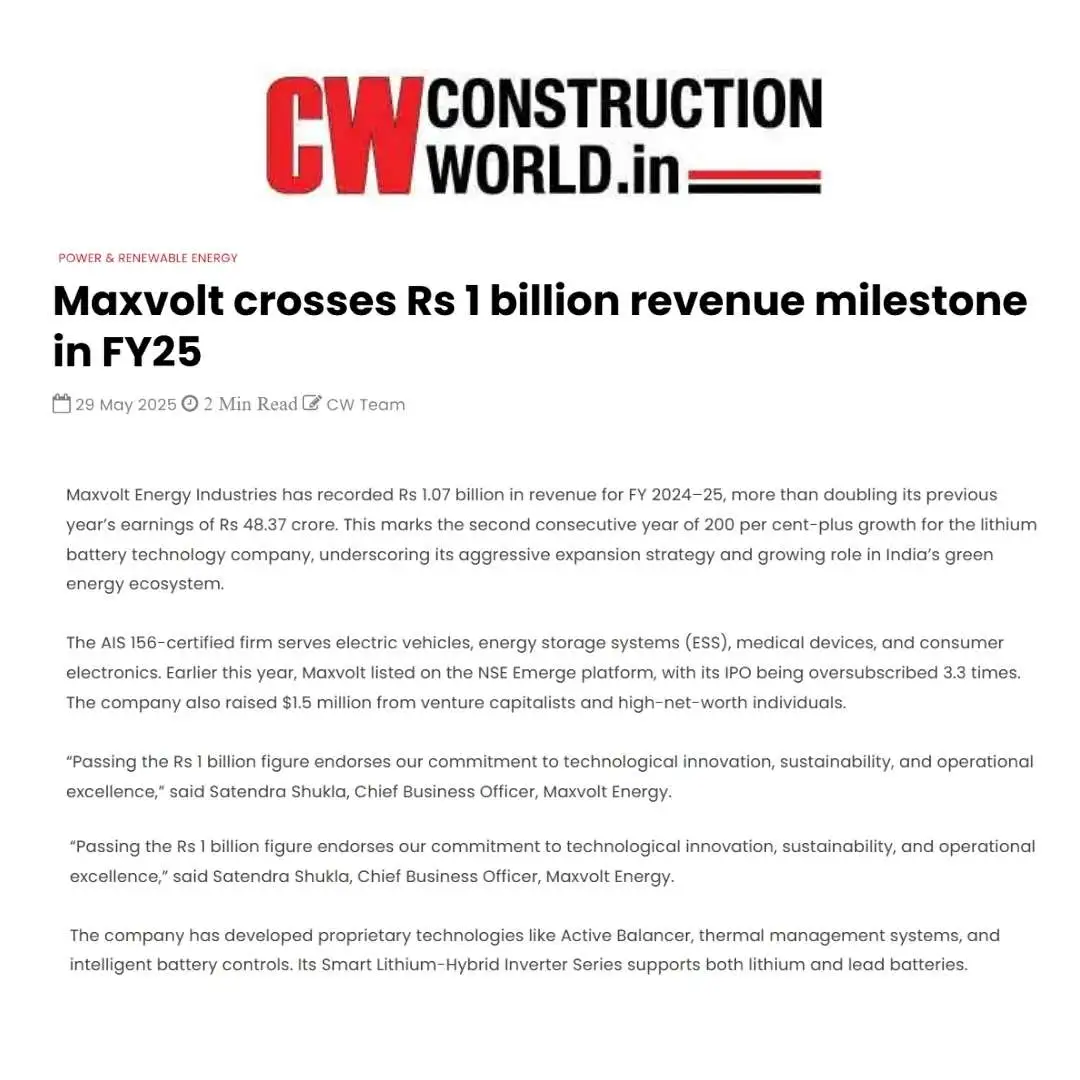 Maxvolt Energy Achieves ₹1.07 Billion Revenue in FY 2024–25, Marks Second Year of 200%+ Growth