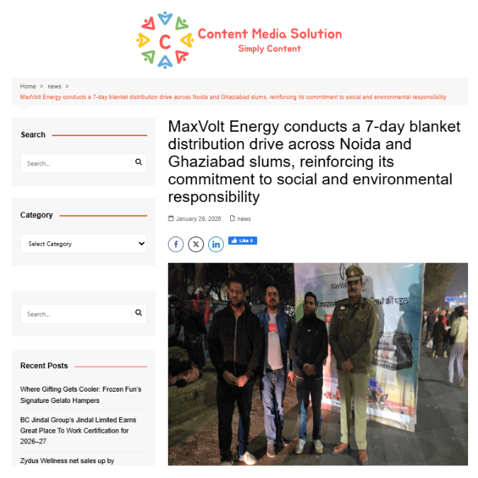 Maxvolt Energy Concludes Week-Long Blanket Distribution Drive for Slum Communities in Noida and Ghaziabad