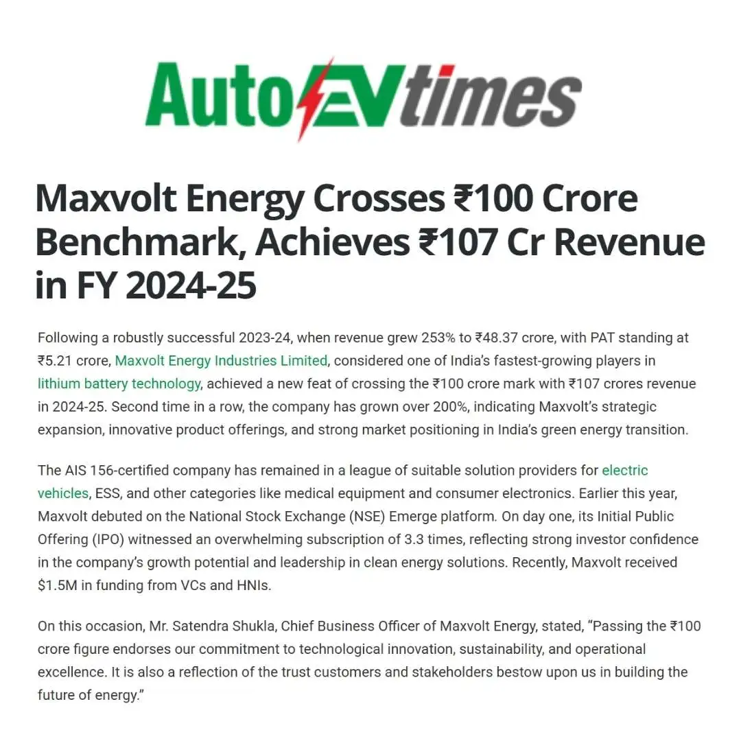 Maxvolt Energy Crosses ₹107 Cr in FY 2024–25, Powers Ahead as a Leader in Lithium Battery Innovation