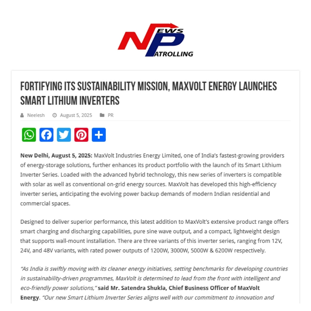 MaxVolt Energy Featured in News Patrolling for Launching Next-Gen Smart Lithium Inverters