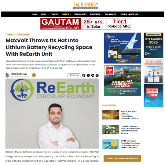 Maxvolt Energy Forays into India’s Lithium Battery Recycling Market with New 'Maxvolt ReEarth' Subsidiary