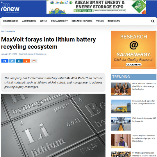Maxvolt Energy Launches 'Maxvolt ReEarth' to Build an Integrated Lithium Battery Recycling Ecosystem in India