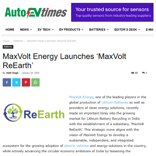 Maxvolt Energy Launches 'Maxvolt ReEarth' to Drive India’s Circular Economy Through End-to-End Lithium Battery Recycling