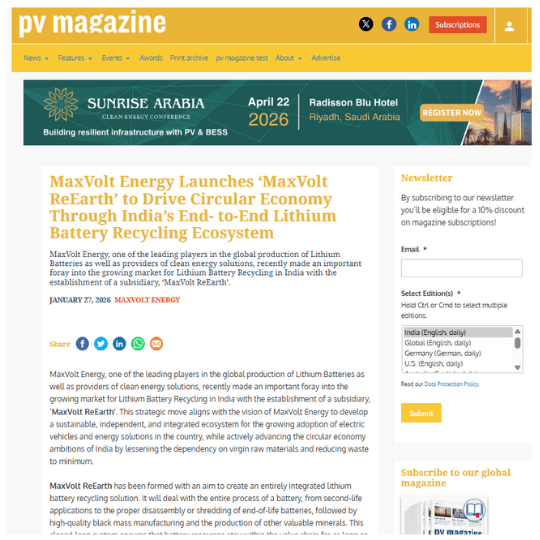 Maxvolt Energy Launches 'Maxvolt ReEarth' to Drive India’s Circular Economy via End-to-End Lithium Battery Recycling