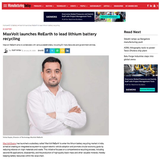 Maxvolt Energy Launches 'Maxvolt ReEarth' to Lead India’s Lithium Battery Recycling and Resource Recovery Efforts
