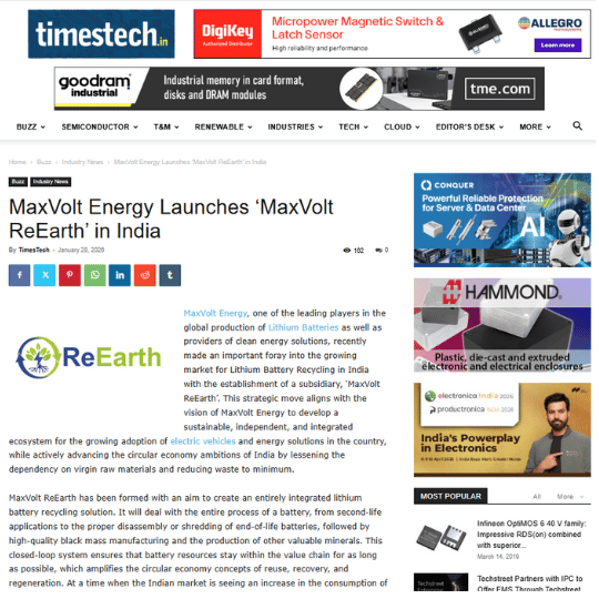 Maxvolt Energy Launches 'Maxvolt ReEarth' to Spearhead India’s Integrated Lithium Battery Recycling Ecosystem