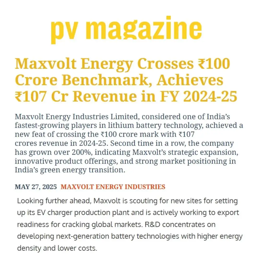 Maxvolt Energy Surpasses ₹100 Cr Milestone in FY 2024–25, Reinforces Leadership in India’s Green Energy Transition